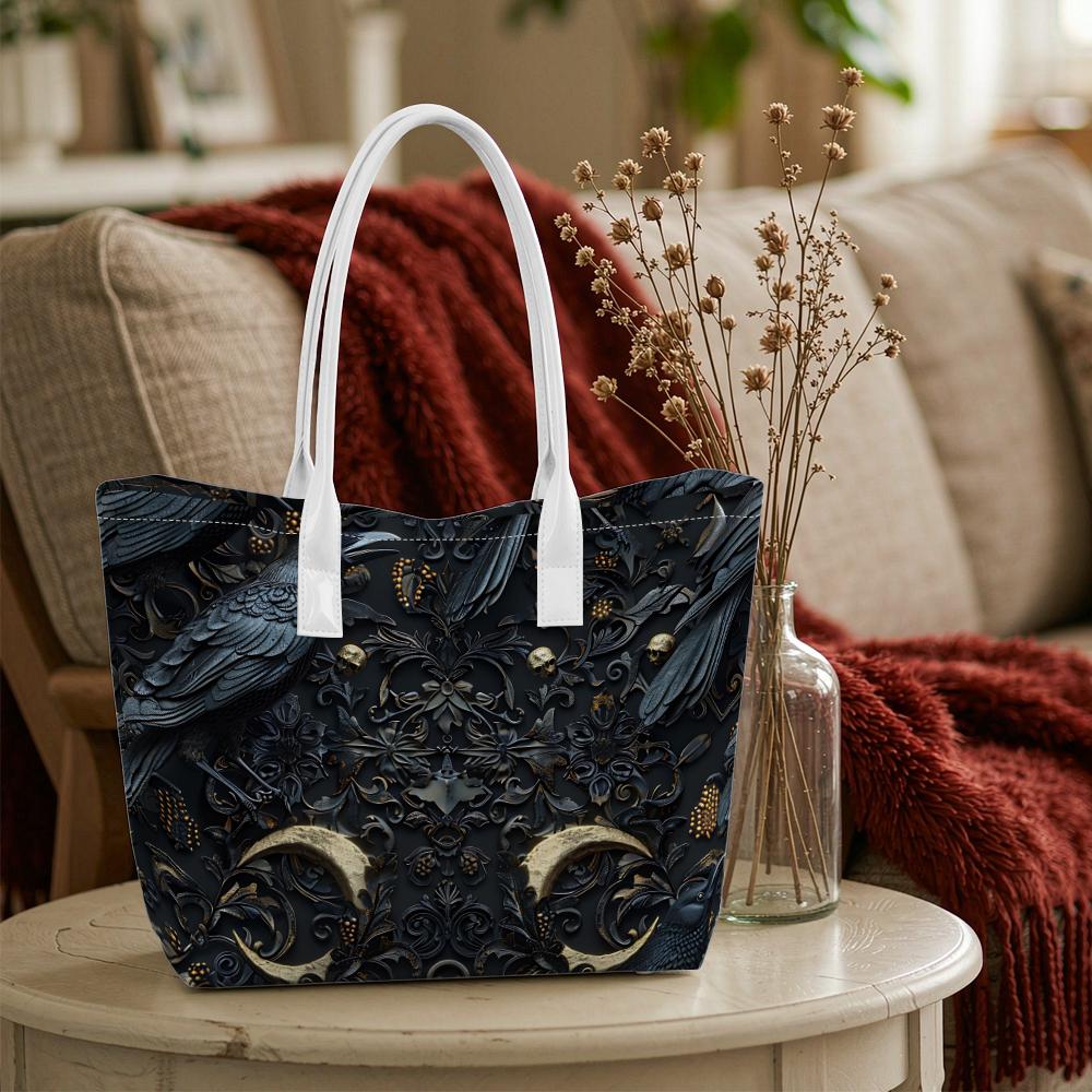 Gothic Dark Crow Moon Pattern Tote Bag Exquisite Daily Carryall Stylish Casual Shoulder Bag
