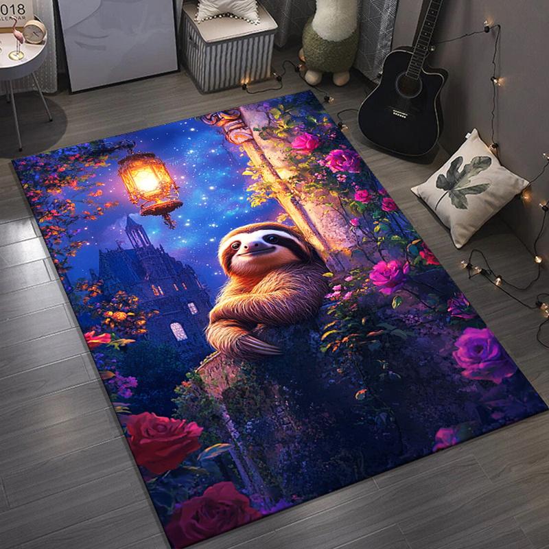 Charming Sloth and Roses Area Rug for Cozy Living Spaces - Unique Animal Design Carpet | Home Furnishings Skid resistant carpet