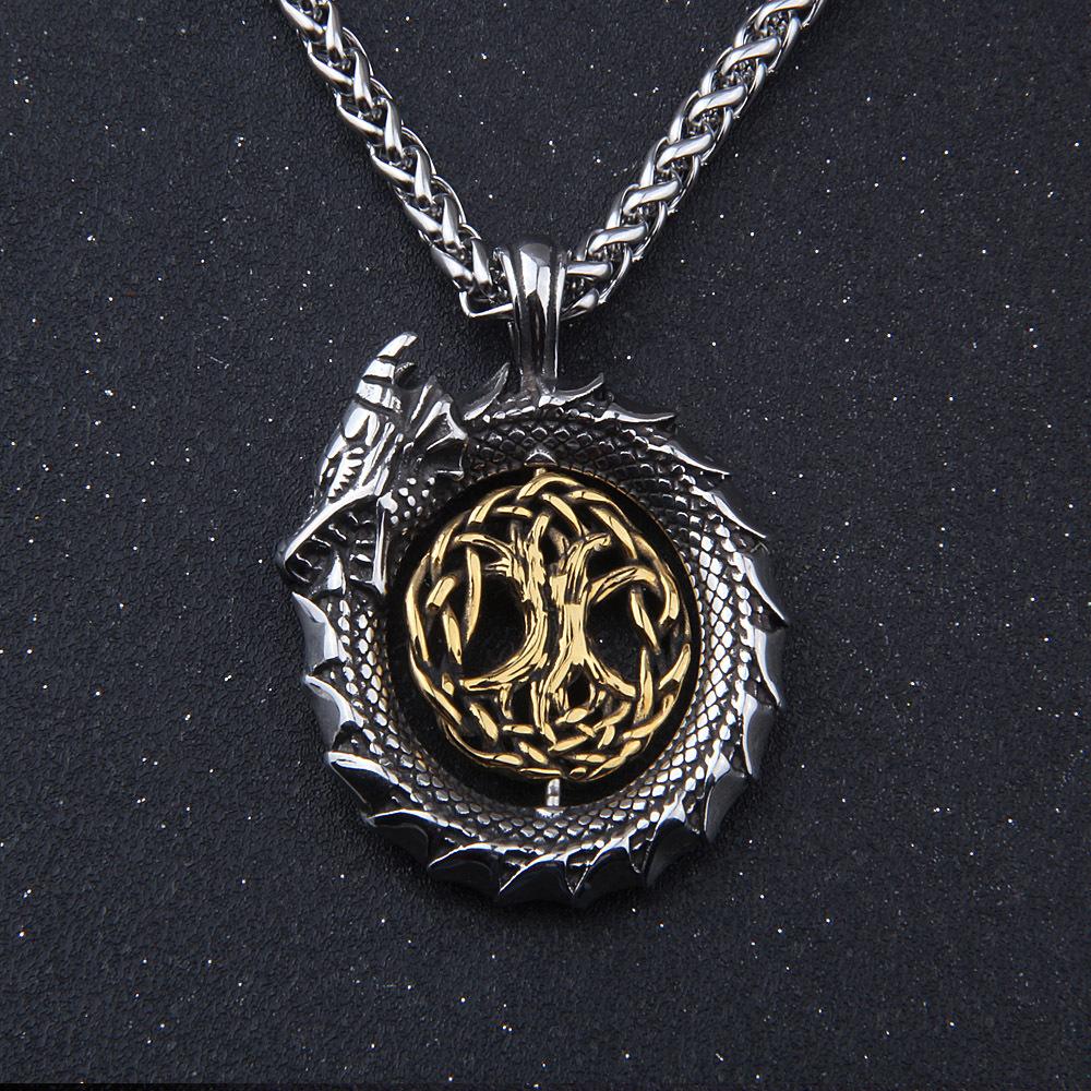 Jormungandr Around Tree of Life Necklace Mens Gold Viking Dragon Tree of Life Pendant Necklace Irish Knot Silver Gift