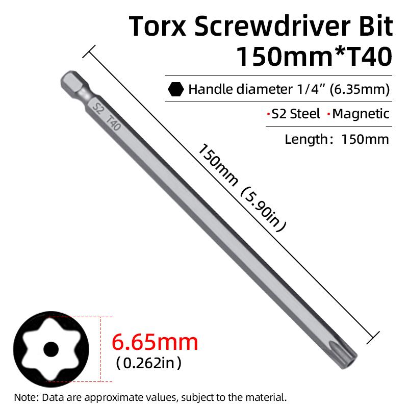Магнитная отвертка Torx 150 мм T6-T40 1/4" шестигранный хвостовик полое отверстие сливовый цветок безопасные биты S2 сталь электрический ручной инструмент