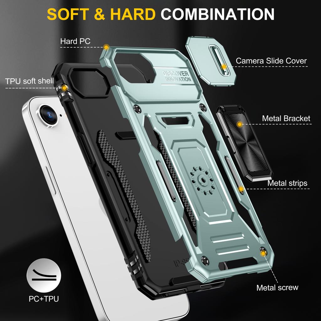 For iPhone 16e Case Kickstand Slide Lens Lid PC+TPU Drop