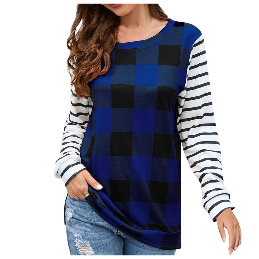 Женская модная повседневная клетчатая плюшевая футболка с круглым вырезом и длинным рукавом