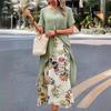 New Cotton and Linen Printed Round Neck Fake Two Short Sleeved Dress Skirt