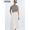 Zaprha 2025 Осень Новое С поясом Льняная смесь Круглый вырез Без рукавов Пэчворк Длинное платье 8539393