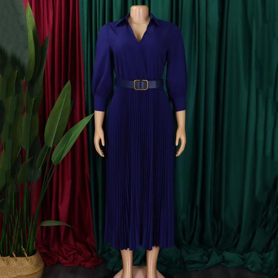 Летнее женское платье с V-образным вырезом и лацканами, трапециевидной формы, рукава три четверти, плиссированная тонкая талия, большие размеры, чистый цвет, длина до середины икры, OL, повседневное платье миди