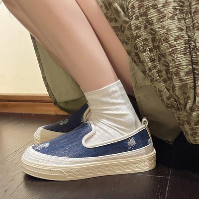 Старые Пекинские повседневные парусиновые туфли для женщин 2024 года, новые дышащие туфли с одной педалью на толстой подошве в стиле рыбацкой одежды, осень
