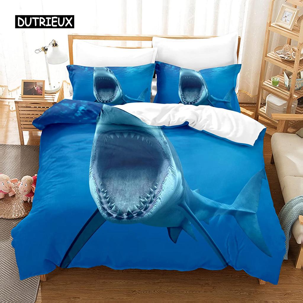 Shark Duvet Cover Set Microfiber Hawaiian Beach Theme Bedding Set Underwater Ocean Sea Themed Double Queen King Size Quilt Cover