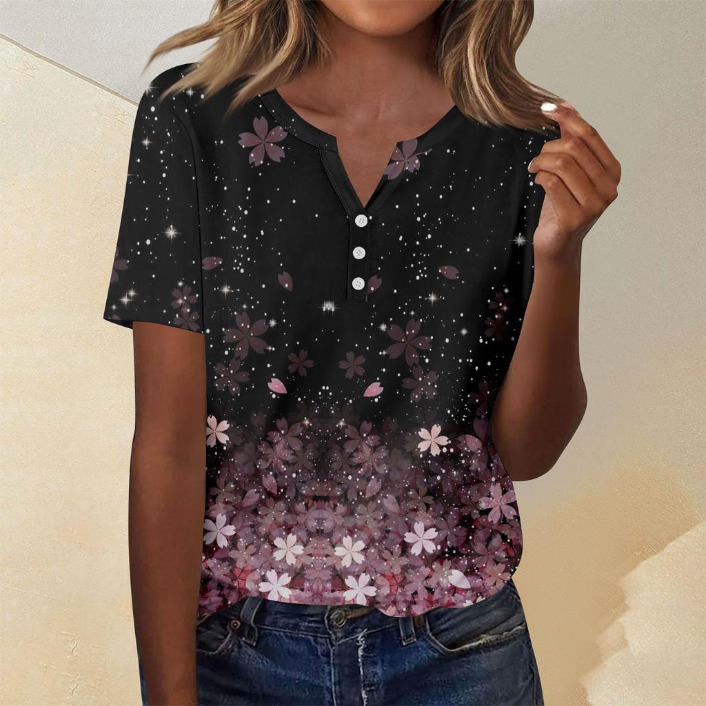 Женская мода повседневный короткий рукав цветочный принт топ