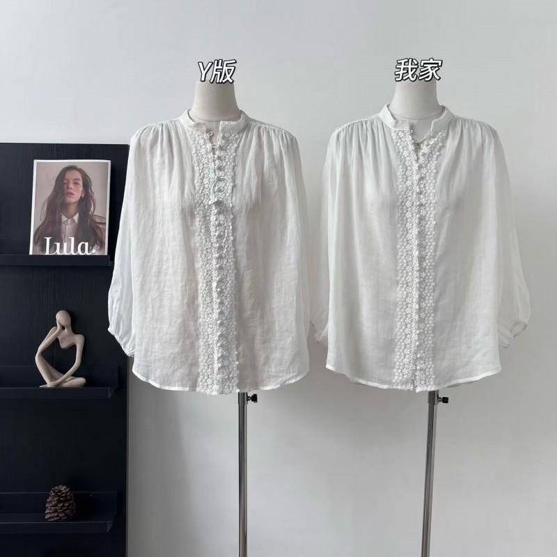 100% Linen White Stand Collar Shirt Women French Lace Trim A-line Blouse Casual Top