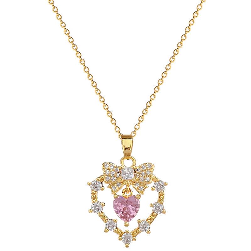 Bow Love Light Luxury Temperament Gorgeous Full Diamond Necklace Female Versatile Collarbone Chain Titanium Steel Chain