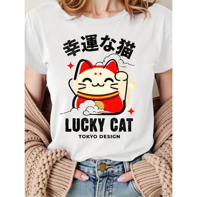 Европейские размеры Женская футболка с Счастливым Котом / Летний топ с коротким рукавом и круглым вырезом / Дышащая повседневная блузка с принтом удачи для Манеки-Нэко