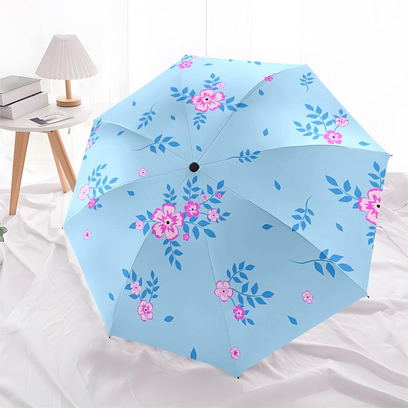 1pc Floral Pattern Light Blue Pink Flowers Leaves Umbrella with Plastic Handle,Suitable for All Seasons Umbrellaptys26003