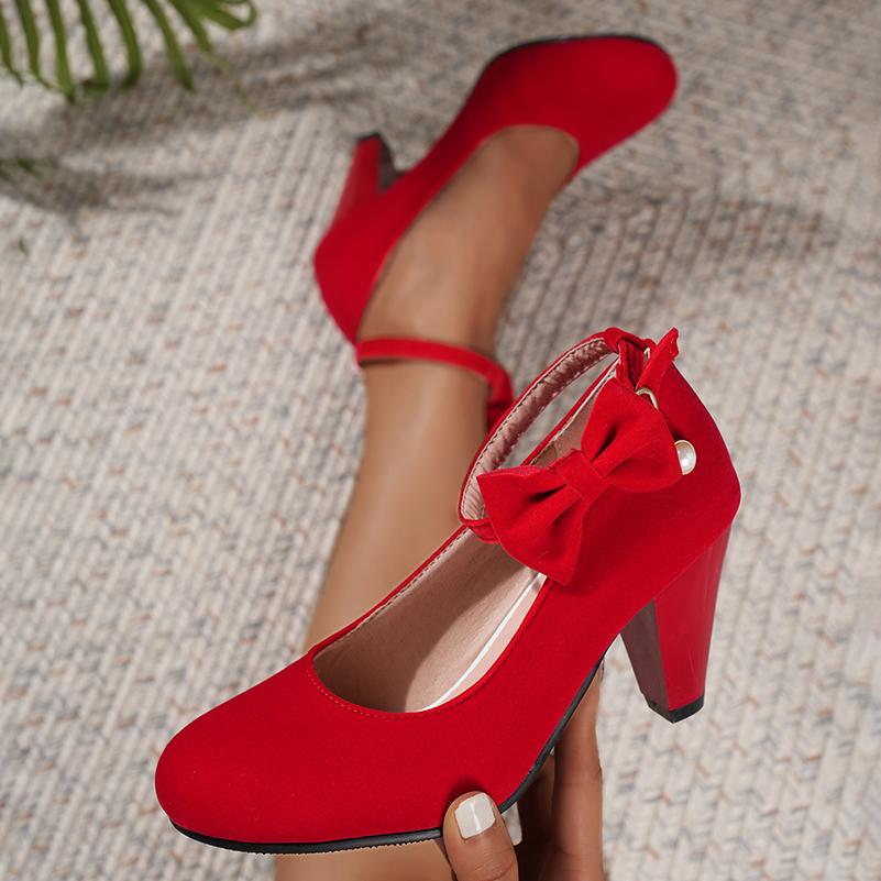 Большой размер Круглый носок Супер высокий Конусообразный Толстый каблук Бархатный материал Неглубокие Женские туфли-лодочки Наклейки с бантами Металлические пряжки Жемчужная Сладкая обувь