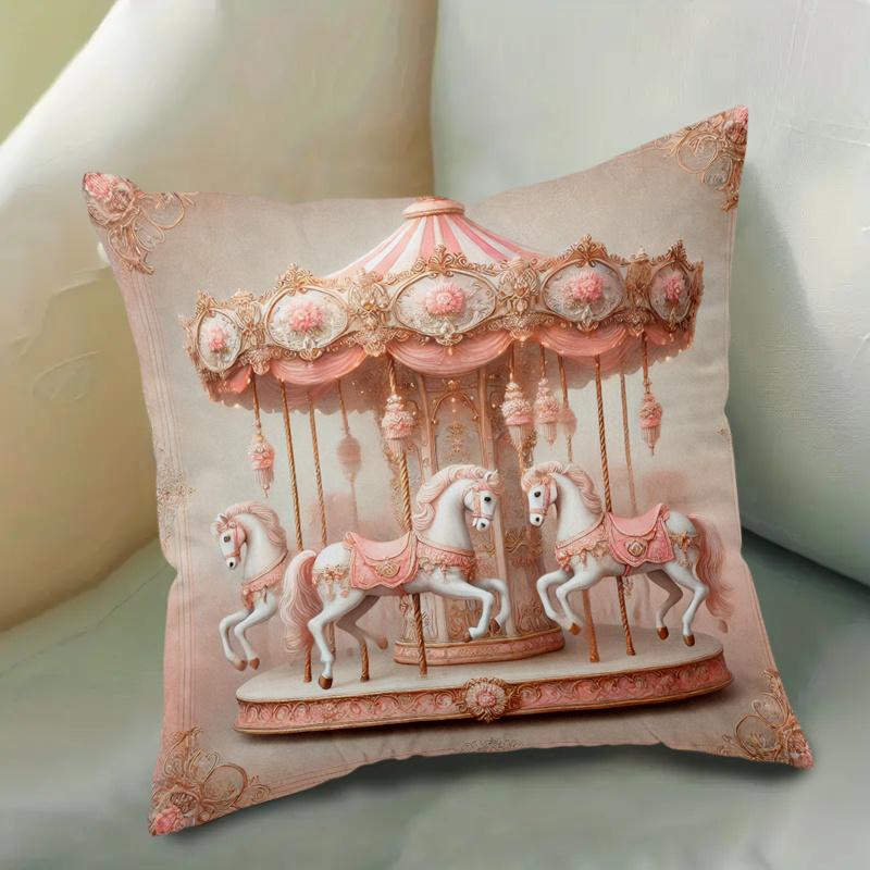 Pink Vintage Carousel Pattern Pillowcase Polyester Home Decor Cushion Cover For Bedroom