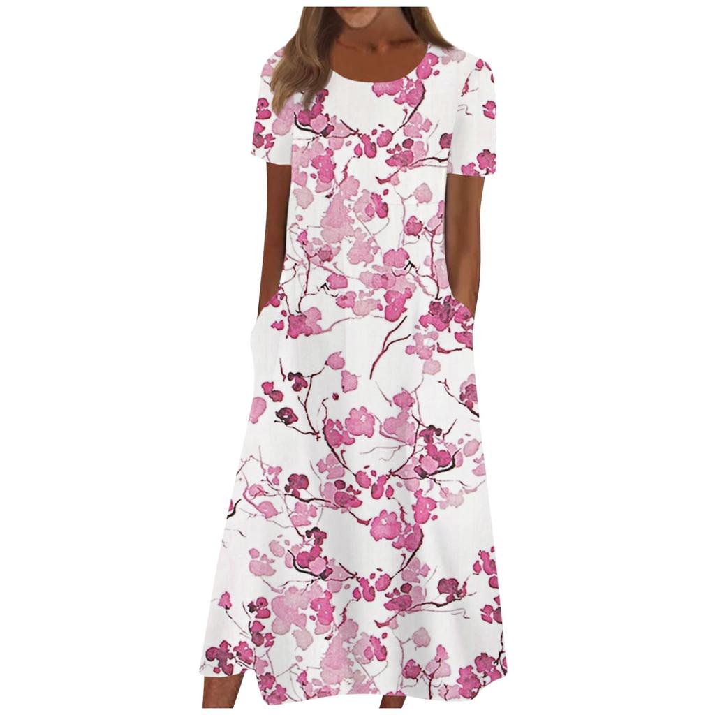 Women's Summer Casual Fashion Floral Print Short Sleeve Round Neck Pocket Dress