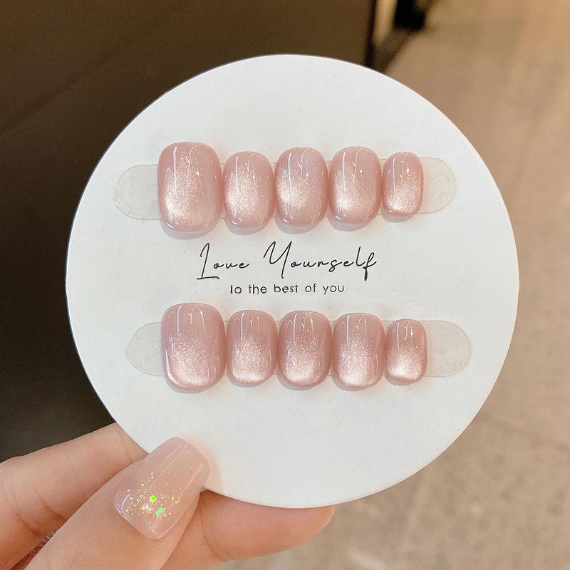 10Pcs Pink Cat Eye Handmade Press On Nails Reusable Fake Nails Stick On False Nail Tips