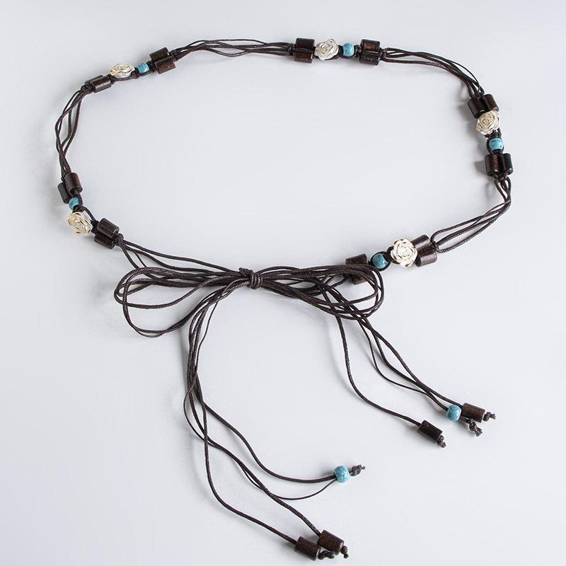 New Boho Style Waist Rope Hand-woven Wood Bead Waist Rope Vacation Casual Natural Skirt Belt Women's Waist Rope