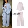Autumn New Arrival Women Clothes Two-piece Set Polo Collar Loose Long Sleeve Stripe Shirts Casual Straight Wide Leg Trousers