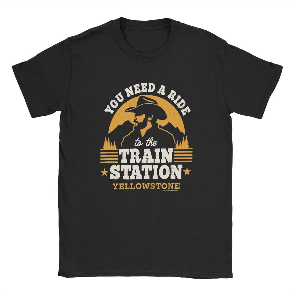 Yellow Stones Ride Train Station Men's T Shirts Vintage TV Cowboy Novelty Tee Short Sleeve Round Collar T-Shirts Cotton Adult