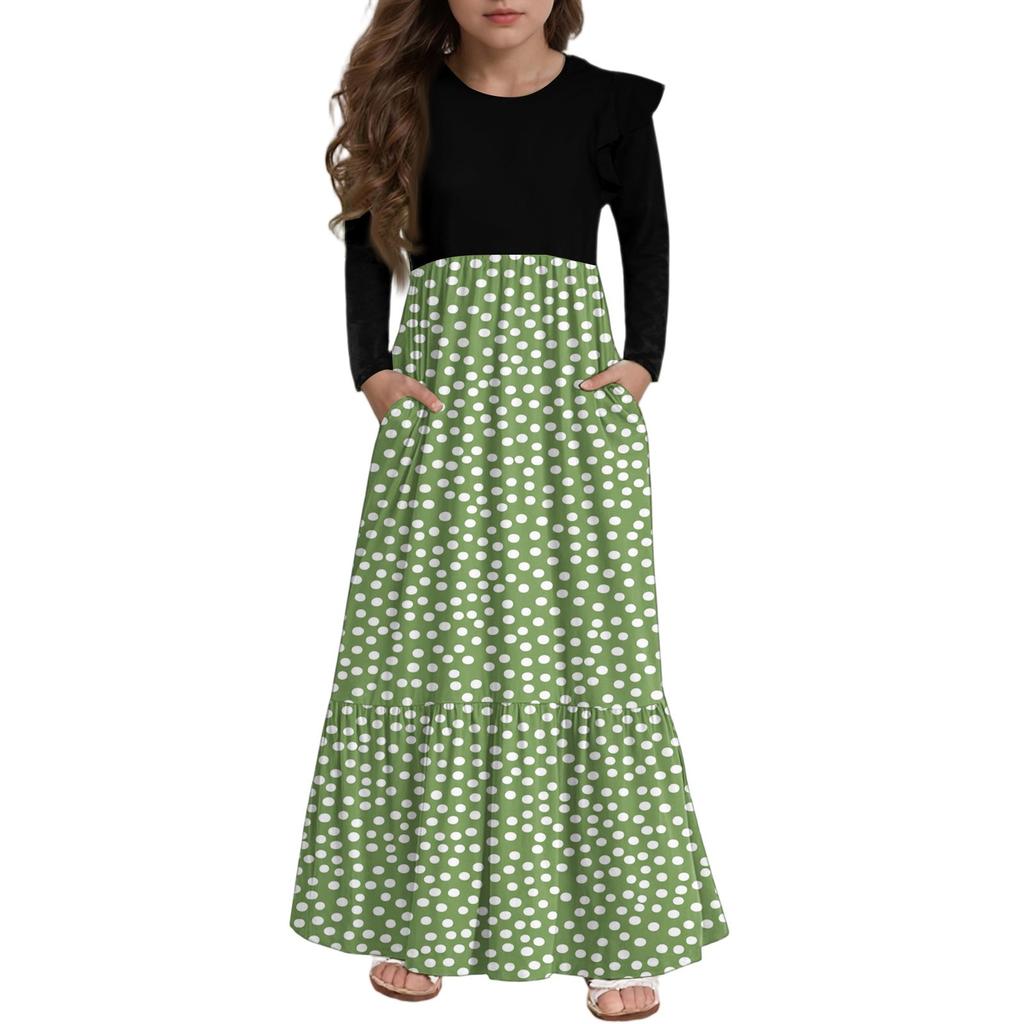Girls' Tiered Ruffle Dress - Long Sleeve Printed Maxi With Pockets