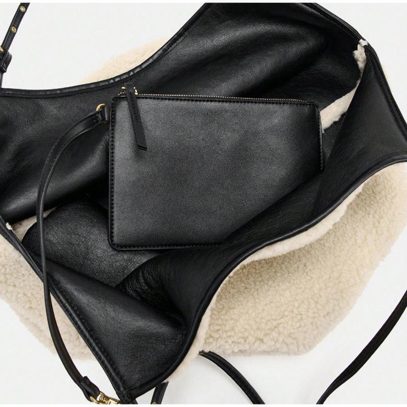 Brand Fashion Faux Lamb Shoulder Bag For Women Large Reversible Shopping Bag High-quality Commuter Handbag With Card Holder