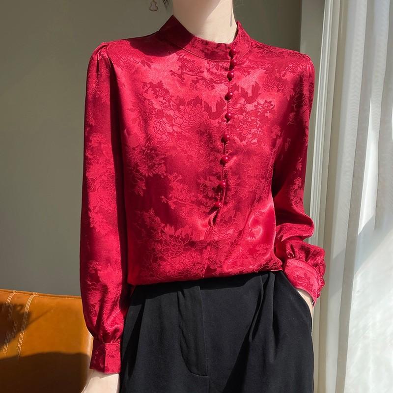 Satin Silk Blouse For Women With Stand Collar And Pockets For Office Casual Wear