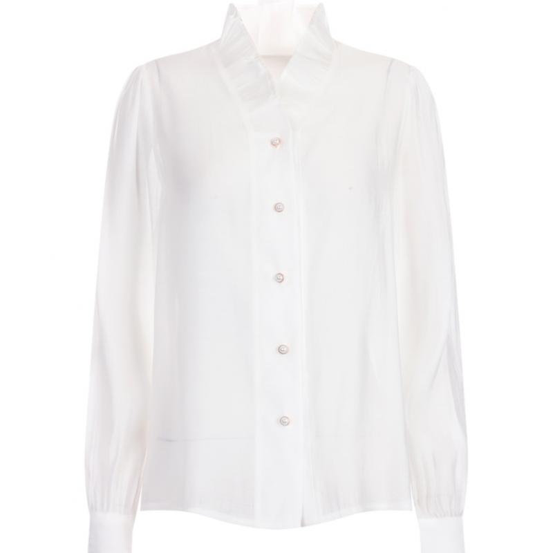 Shop Women Frill Neck Pearl Button Long Sleeve Tencel Blouse Black Con Wbl 206