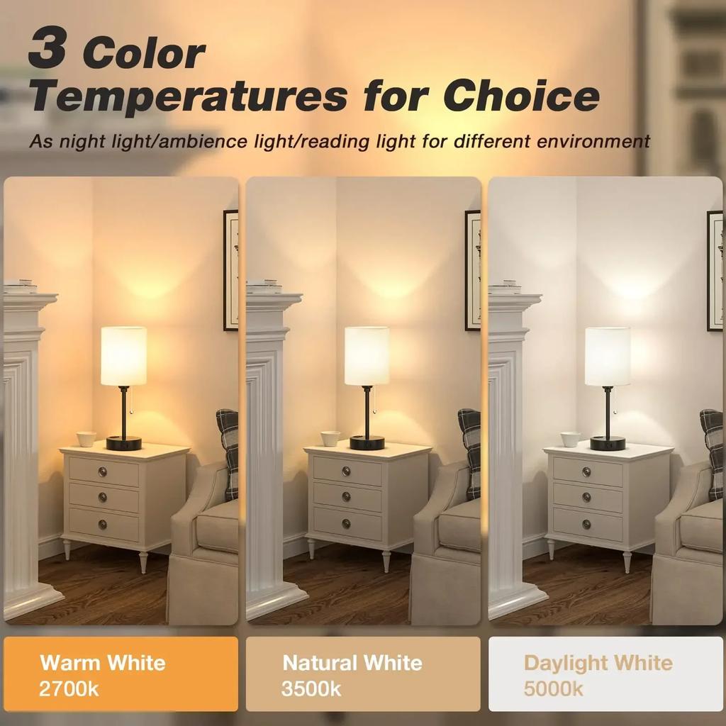 Small Table Lamp Led Rechargeable Light Pull Chain Reading Light with AC Outlet Bedside Table Beige Lampshade for Bedroom Kids