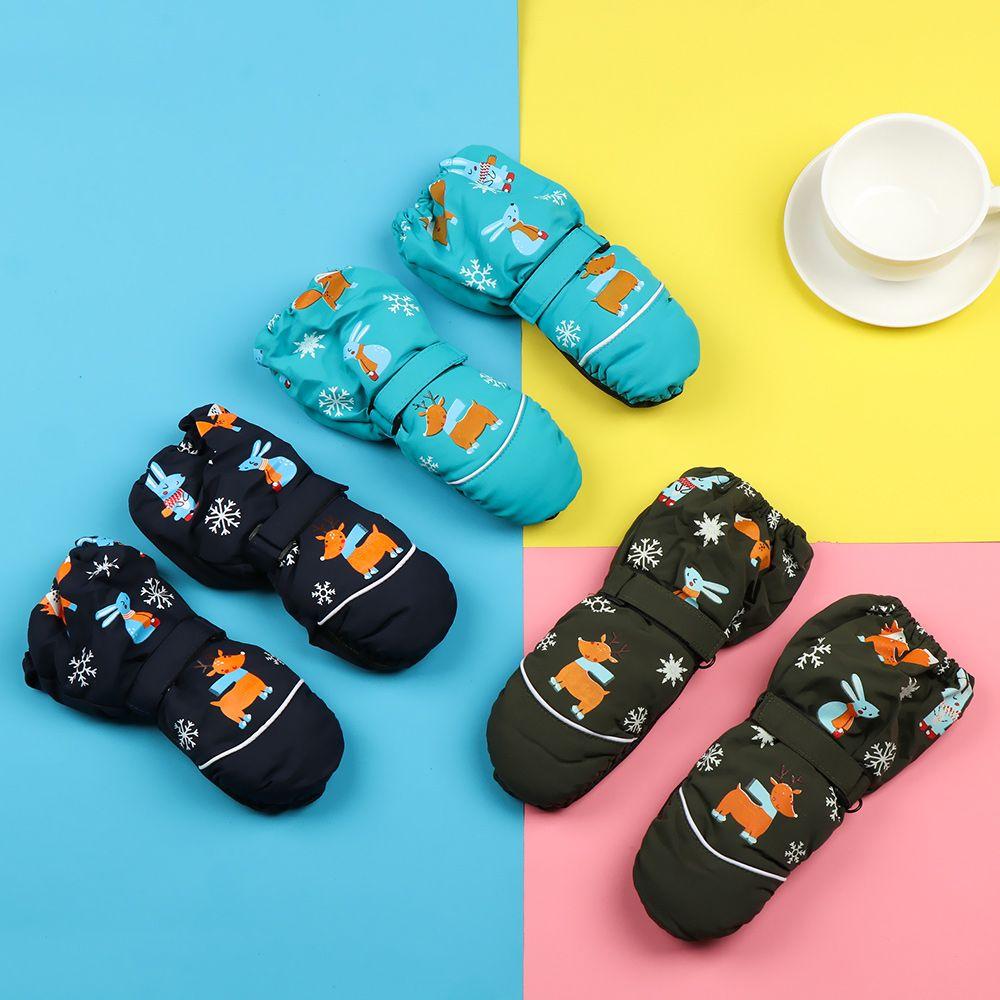 Deer Rabbit Print Cartoon Non-slip Long-sleeved Mittens Children Ski Gloves Windproof Thick Warm