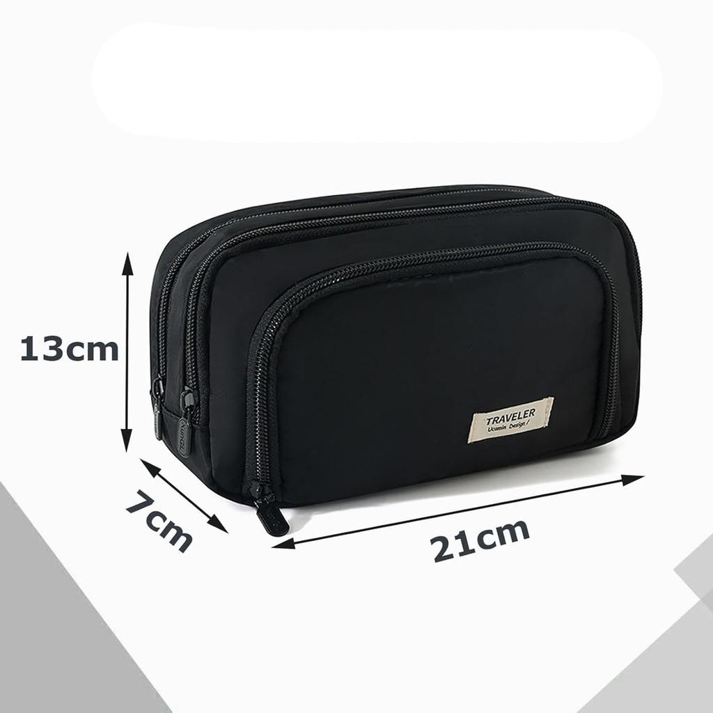 Large capacity pencil case with 3 compartments multiple slots pencil case school office stationery storage black