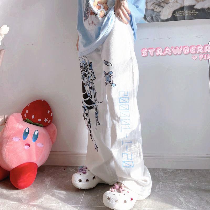 Брюки в стиле аниме, женские летние уличные брюки Y2k, белые брюки с принтом в стиле Харадзюку, киберпанк