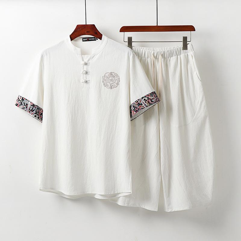 Мужская летняя футболка с тонкими пуговицами, льняной костюм с короткими рукавами, модный китайский стиль, мужской хлопок и лен, комплект из двух предметов с воротником-стойкой в ​​стиле ретро