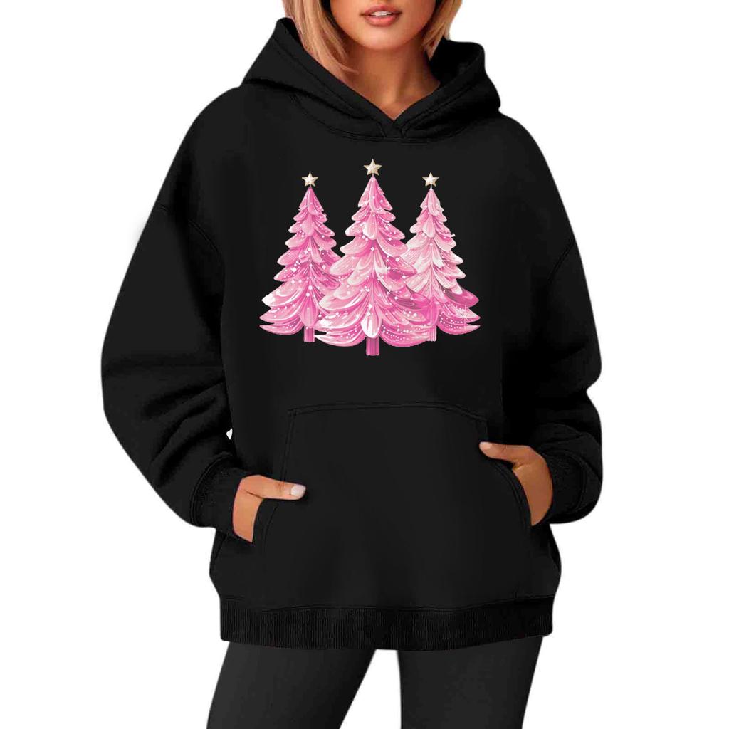 Women's Sweatshirts Round Neck Long Sleeve Christmas Printed Top Solid Color Hoodie