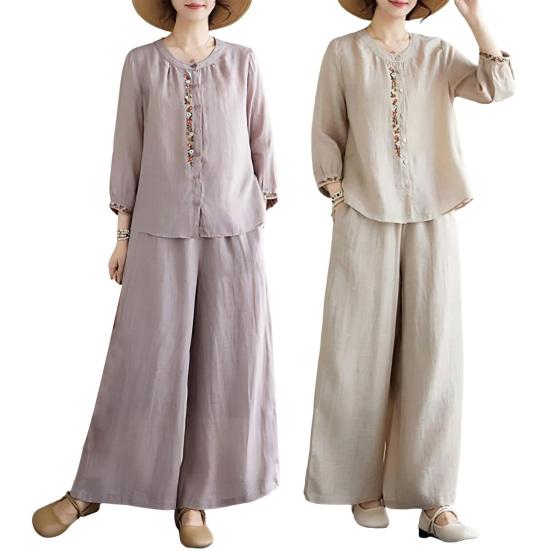 2 шт./комплект женский повседневный наряд круглый вырез рукава 3/4 вышитый цветочный узор рубашка широкие длинные брюки комплект повседневная одежда