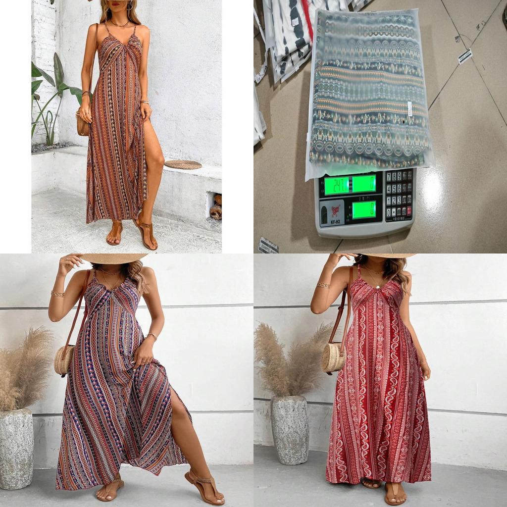 Summer Floral Print Sleeveless Maxi Dress With Zipper For Womens Beachwear