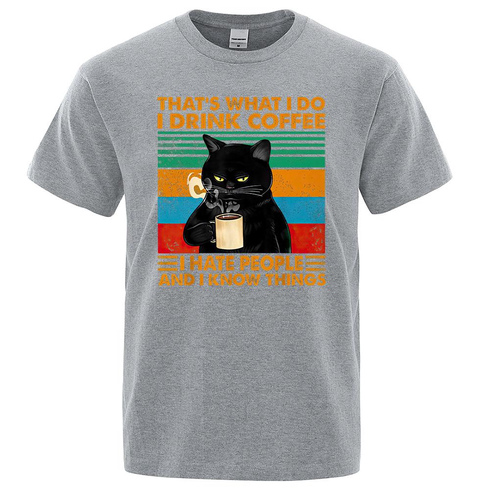 Coffee Black Cat Funny T Shirt Men Summer Cotton Short Sleeve Mens T-Shirt Tops Oversized Breathable Tee Shirt