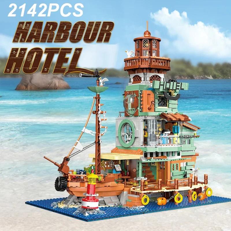 2142PCS Harbour Hotel Building Blocks Fishing Village Hut Fisherman's Wharf Model Bricks Desktop Decoration Toy for Kids Gifts No Box
