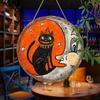1PC Rustic Wooden Halloween Ornament Wooden Sign Retro Cat & Moon Round Sign Eco-Friendly Halloween Decor 20x20cm