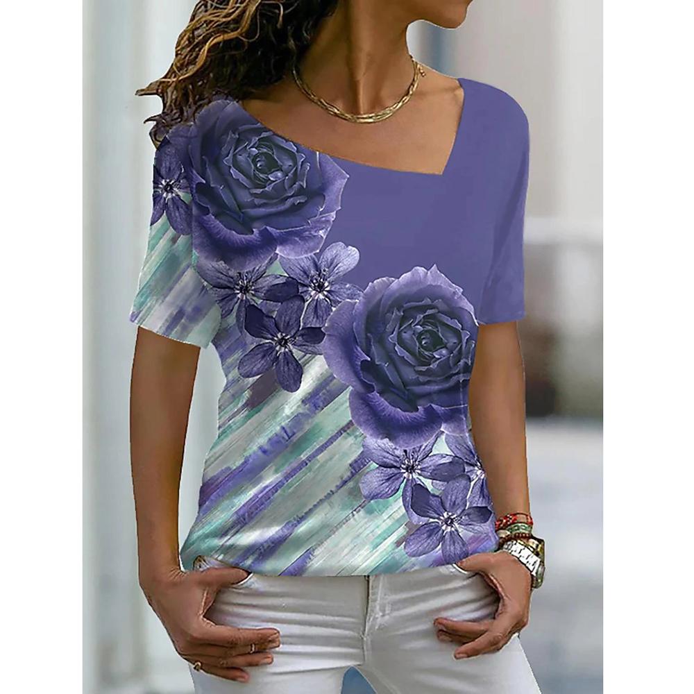 Женские футболки с цветочным принтом Женская одежда Топы с короткими рукавами Толстовки с v-образным вырезом Уличная одежда Футболки большого размера Женская футболка