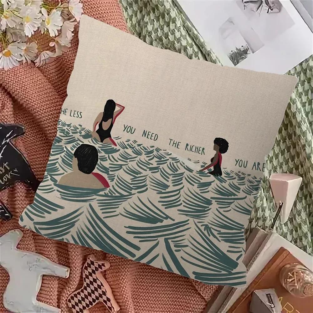Nordic Summer Woman Art Pillow Case 2D Flat Printed Peach Skin Cushion Cover Ocean Waves Decorative Throw Pillowcase For Sofa
