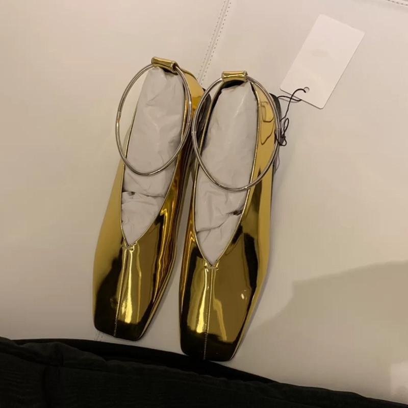 Single-Shoe Women'S Spring 2025 Golden Circular Square Toe Ballet Shoes Shallow Mouth Grandma Shoes Low Heels And Comfortable