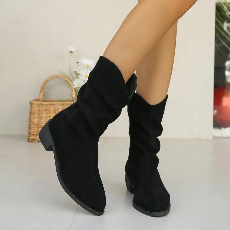 Women's Shoes 2024 New Fashion High Quality Zipper Women's Boots Winter Pointed Toe Solid Mid Calf Thick Heel Simple Roman Boots