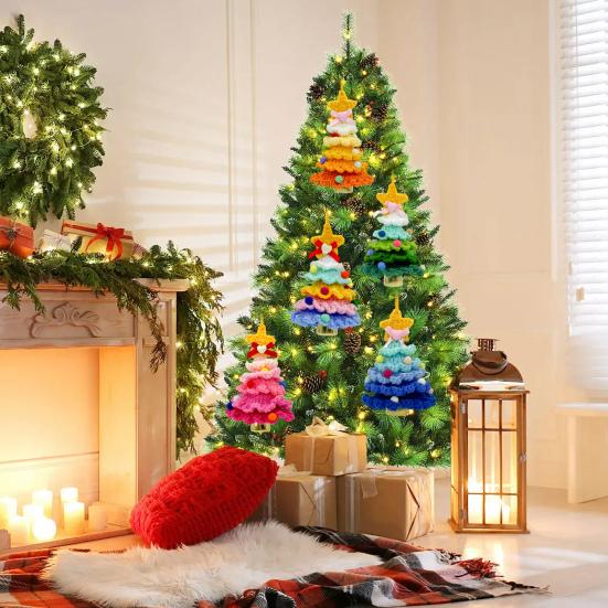 Handmade Knitted Christmas Tree Ornament with Multi-Layered Crochet Design Golden Bells Star Top Pom Pom Decor Holiday Decor