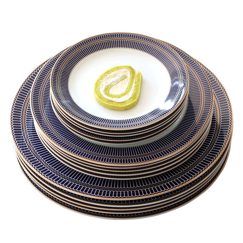 Fine Bone China Dinner Plates Sets, Light Luxury Tableware Stripe Pattern Gilt Edged Porcelain Dinnerware Round Set of 6