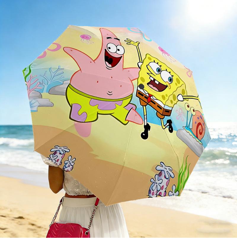 Spongebob Patrick 8 Ribs 3Fold Black Glue Uv Protection Umbrella Sun Protection Rainproof Compact Folding Umbrella For Travel Daily Use C92445