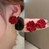 Women Fresh Temperament Petal Flower Earrings Red Flocked Flower Stud Earrings Autumn/Winter Earrings Jewelry