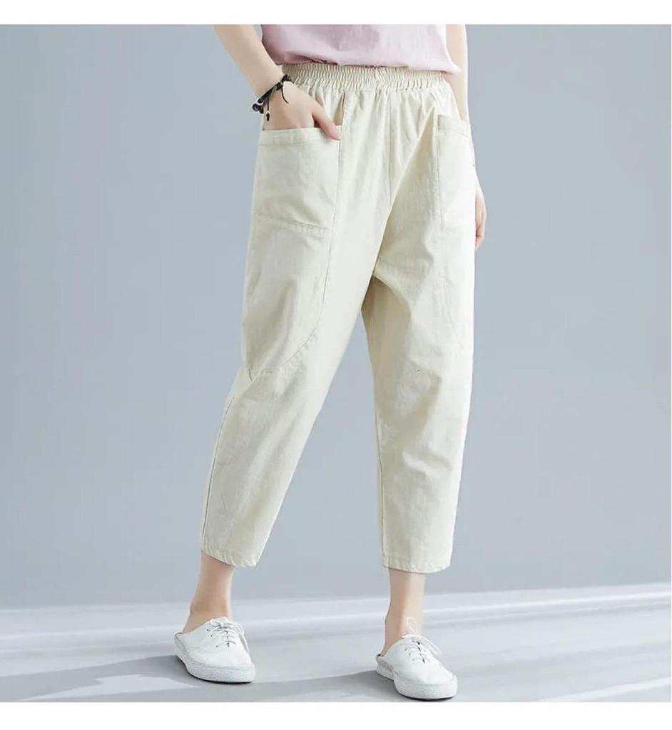 Middle-aged and Elderly Mother's Pants Straight High Waist Solid Color Washed Cotton Linen Casual Women's Eight-point Pants