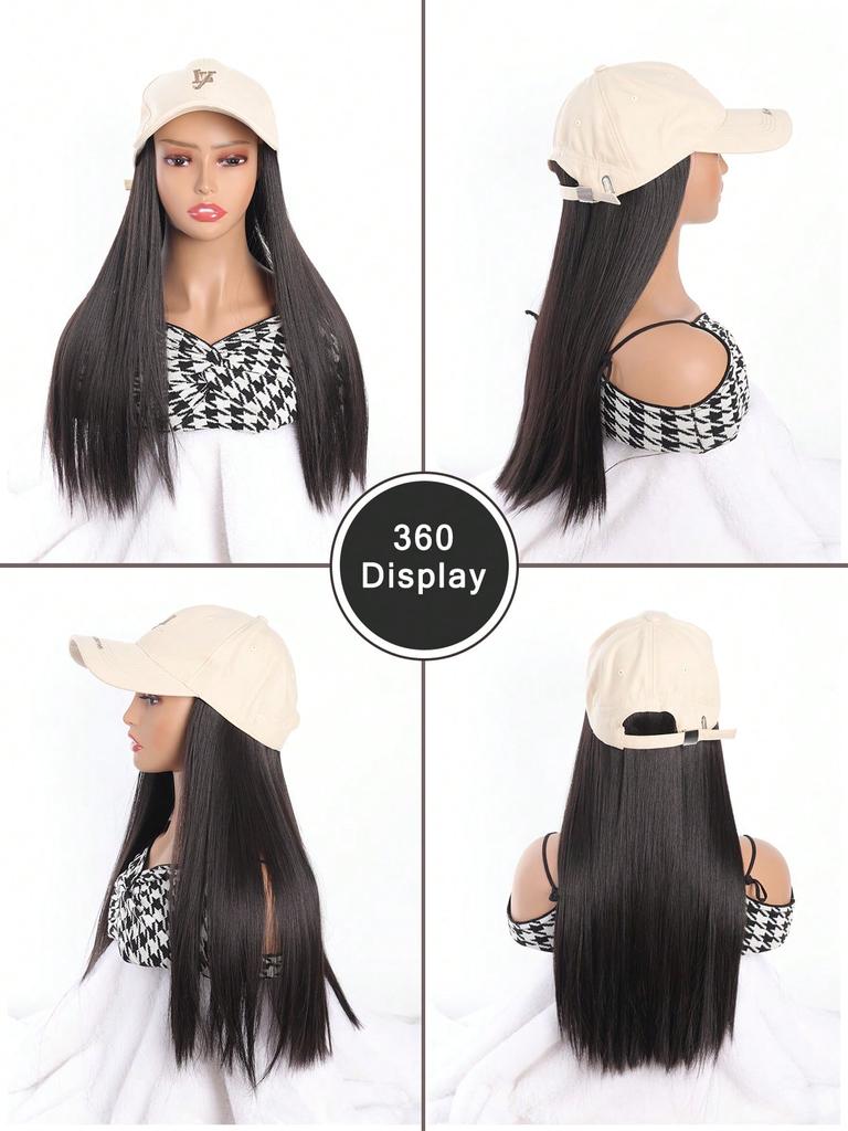 Synthetic Hat Wig 'LY' Embroidered Beige Duck Caps With Long Straight Hair Extensions For Women Hat And Wig In One Piece For Daily Use In Winter