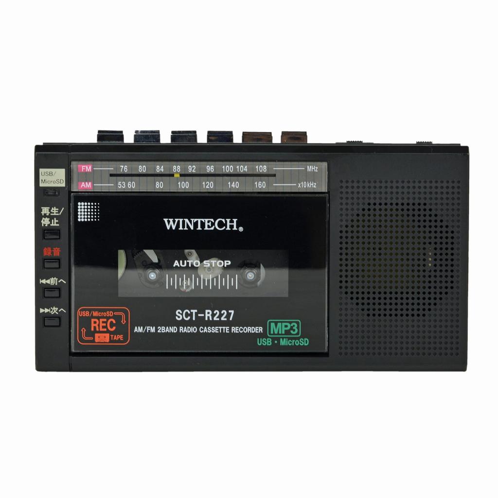 Монофонический кассетный радиоприемник с функцией записи WINTECH. Черный тюнер. Совместимость с сухими батареями. Адаптер переменного тока в комплекте. Совместимость с широкополосным FM-диапазоном.