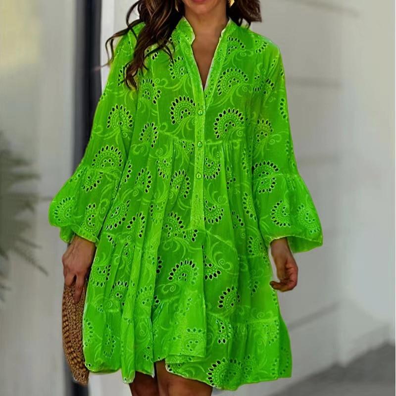 Summer Casual Solid Lace Dress Women Elegant V-neck Loose Hollow Embroidery Dress Women Vintage Beach Sexy Mini Dresses 27725